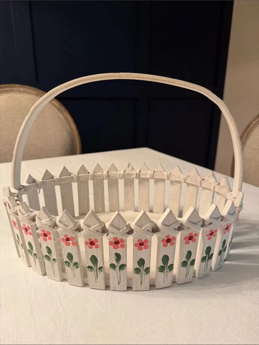 White Hand-Painted Picket Basket with Pink Floral Accent